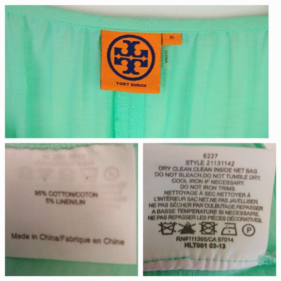 Tory Burch SZ 10 Lucille Seafoam Green Beaded Split Neck Blouse Cotton Linen - Picture 3 of 5